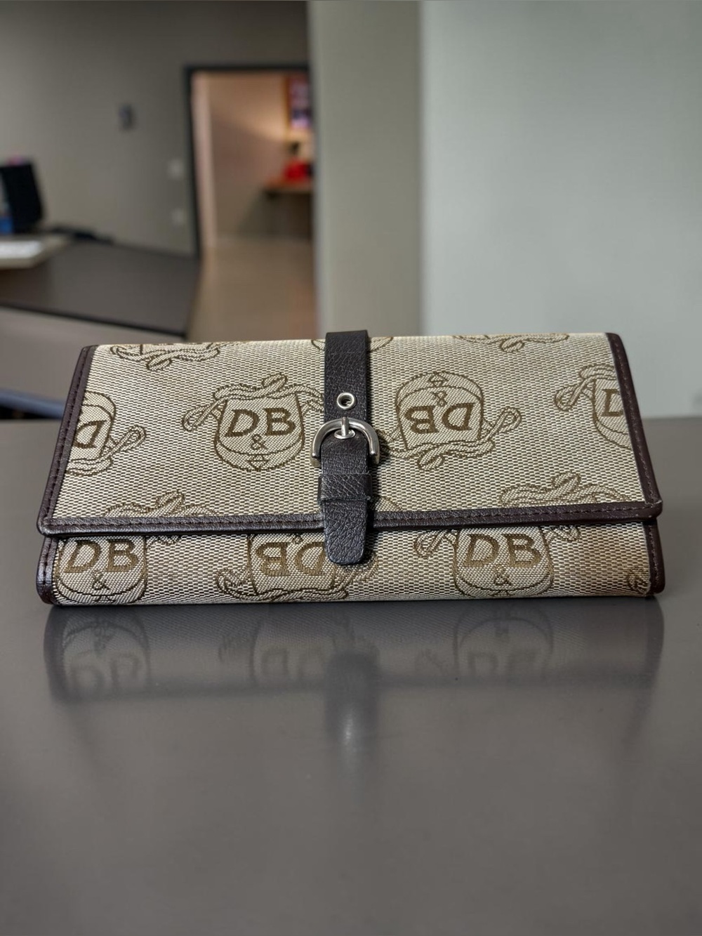 Dooney & Bourke Beige Canvas Logo Foldover Wallet with Brown Trim